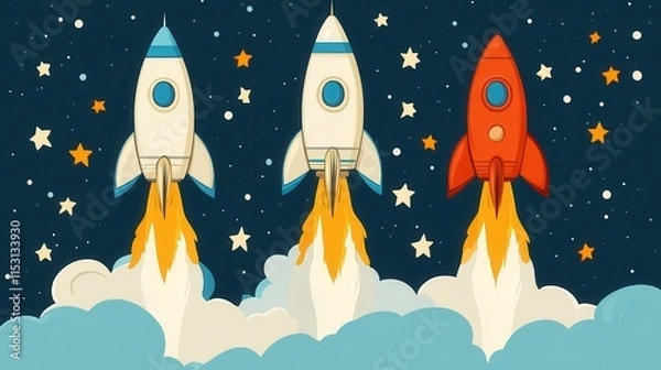 Fototapeta Three white and one red rocket launching into space.