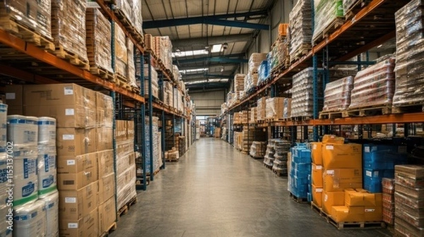 Fototapeta Vast Warehouse Interior: Rows of Pallets and Boxes