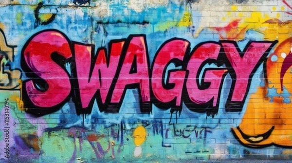 Fototapeta word " SWAGGY , paint on wall with grungy graffiti style, Gen Z slang means having a fashionable and confident appearance or way of behaving