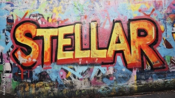 Fototapeta word " STELLAR , paint on wall with grungy graffiti style, Gen Z slang,  an extremely high standard or excellent
