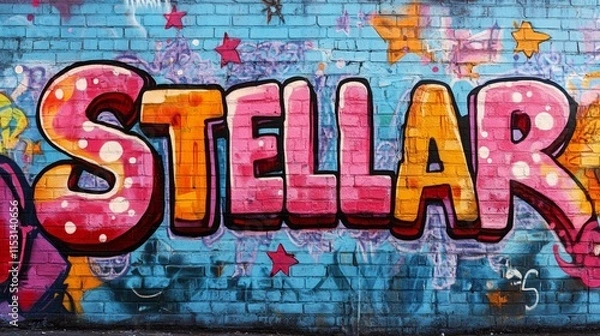 Fototapeta word " STELLAR , paint on wall with grungy graffiti style, Gen Z slang,  an extremely high standard or excellent