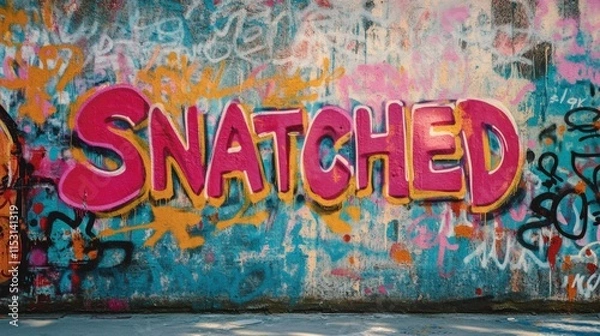Fototapeta grungy street wall painted in graffiti style with Gen Z slang word " Snatched " means very attractive, well-styled, or on point