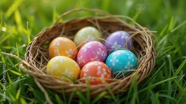 Fototapeta Colorful Easter eggs in a wicker basket on grass.