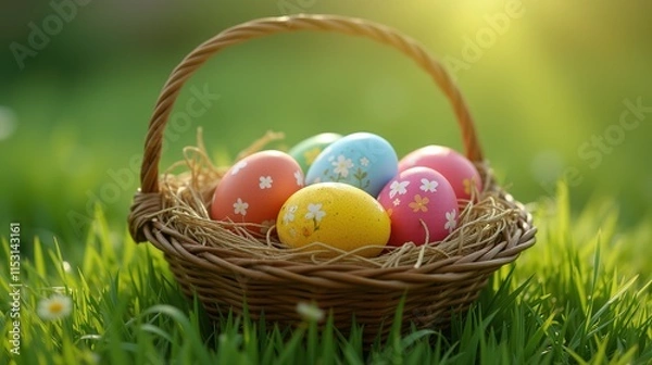 Fototapeta Colorful Easter eggs in a wicker basket on grass.