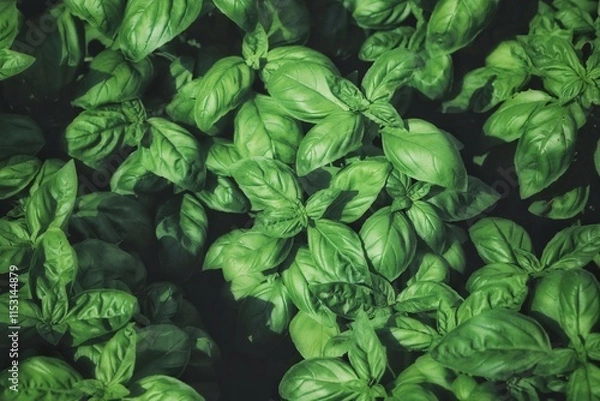 Fototapeta Fresh basil leaves. Top views. Natural background. Selective focus.
