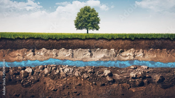 Fototapeta Cross-Sectional View of the Ground Layers, Lush Green Grass with Solitary Tree, Dark Soil, Sandy Soil, Rocky and Clayey Layers, Blue Water Layer, Detailed Geological Composition 