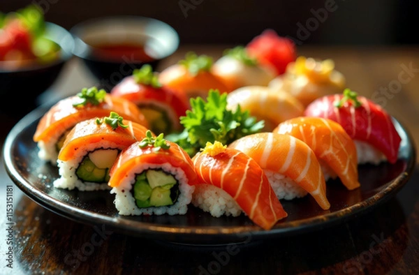 Obraz Assorted sushi platter with fresh nigiri and vibrant garnishes