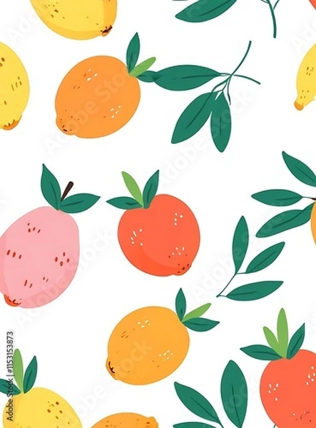Fototapeta Playful vector design of a citrus fruit pattern, highlighting oranges, lemons, and limes in a lively arrangement.
