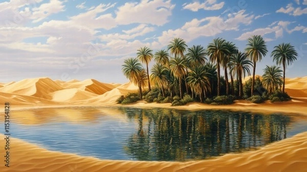 Fototapeta Oasis Surrounded by Sand Dunes and Lush Palm Trees Under Blue Sky