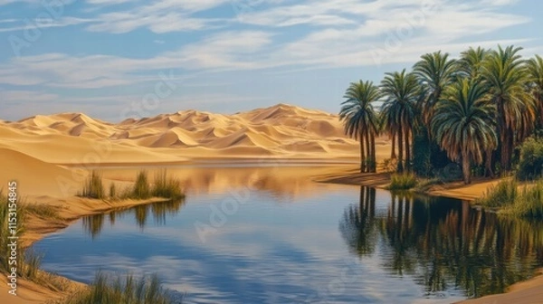 Fototapeta Tranquil Oasis Amidst Vast Golden Desert Landscape with Palm Trees