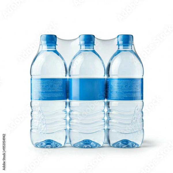 Fototapeta three blue plastic water bottles in shrink wrap isolated on a white background