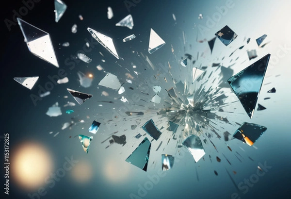 Fototapeta background of broken pieces of glass turned at different angles, flying in space, reflecting glare of light