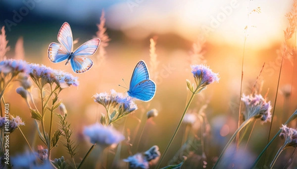 Fototapeta A soft wildflower sways gently in the warm breeze of a wild meadow, illuminated by the golden light of dusk. Nearby, a blue butterfly hovers gracefully, adding a touch of magic to the tranquil scene