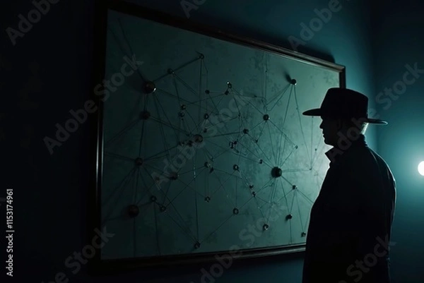 Fototapeta Dark shadowy detective investigation board with connected strings, showcasing intricate problem-solving and strategic thinking in unraveling complex mysteries.