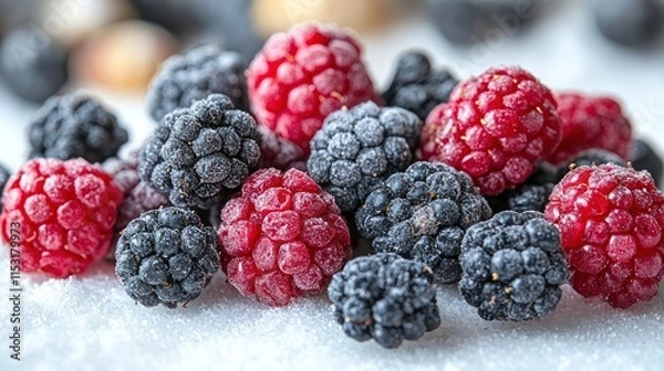 Obraz Frozen raspberries and blackberries coated in ice crystals. Perfect for smoothies, desserts, or jams.