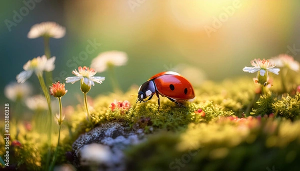 Fototapeta A brilliant ladybug crawls gracefully across a moss-covered rock, surrounded by delicate wildflowers under the warm glow of sunlight. Nature thrives in harmonious beauty