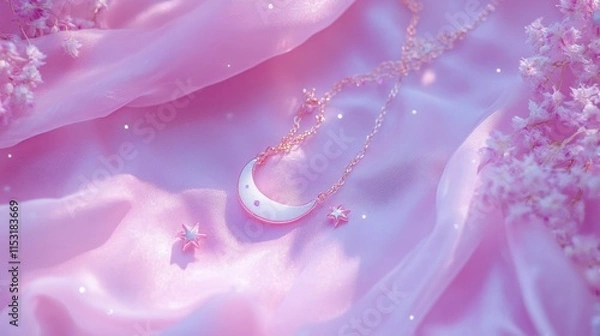 Obraz Delicate Crescent Moon Necklace on Soft Pink Fabric with Flowers
