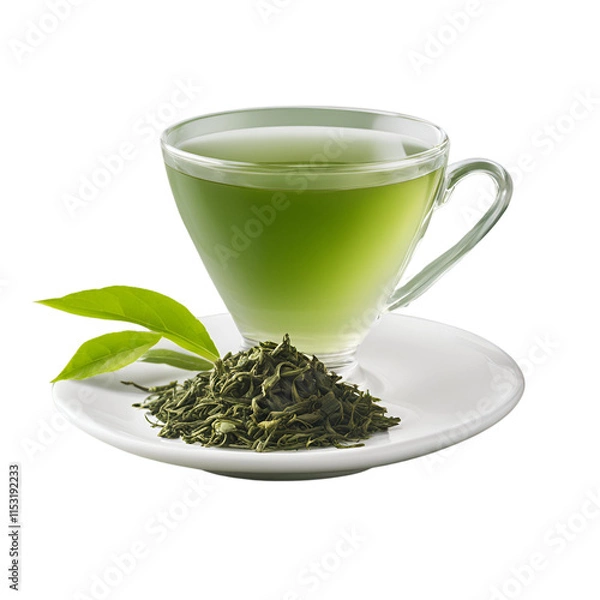 Fototapeta Glass cup of green tea with a subtle hint of the leaves