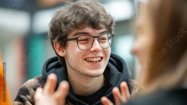 Fototapeta Young male student with glasses laughing and sharing a joyful moment with a friend in a vibrant indoor setting, capturing candid emotions and friendship connection.