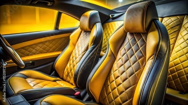 Fototapeta Luxurious Sports Car Backseat: Yellow and Dark Gray Leather Interior Detail