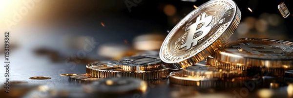 Fototapeta Digital Currency, Bitcoin Coins Falling Dynamically onto Dark Surface, Representing Cryptocurrency Market Volatility