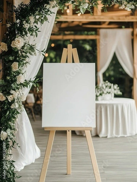 Fototapeta Mockup of a white canvas on an easel as a welcome sign at a wedding