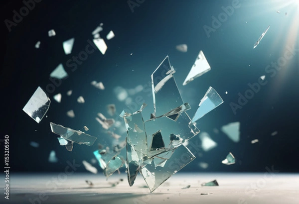 Fototapeta background of broken pieces of glass turned at different angles, flying in space, reflecting glare of light