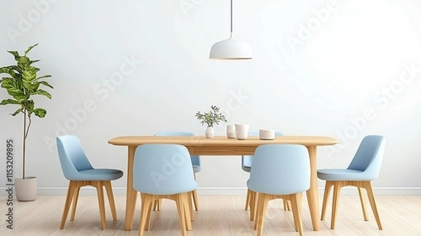 Fototapeta minimal dining room interior with modern minimalist dining table, pastel-themed minimalist dining table setup, Scandinavian style minimalist dining table decor ,pastel Scandinavian interior