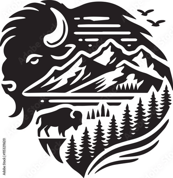 Obraz A bison head silhouette merged with mountain landscape elements