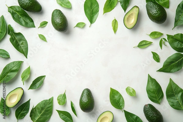 Fototapeta Avocados and green leaves are in a circle on a white background