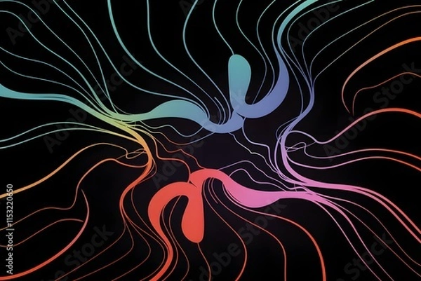 Obraz Vibrant Colorful Wavy Lines on Black Background Creating Fluid and Dynamic Abstract Pattern.