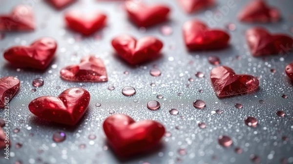 Fototapeta Multiple red crystal hearts on a reflective surface.