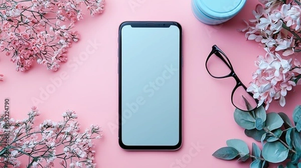 Fototapeta A clean smartphone mockup with an empty display, surrounded by soft pastel props in a flat lay