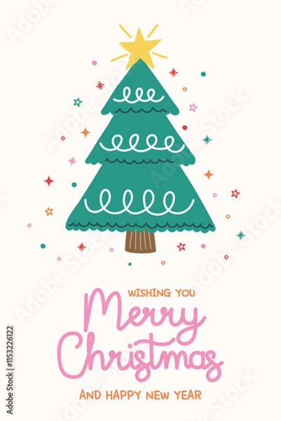 Fototapeta Colourful Christmas greeting card in cartoon style. Funny hand drawn decorated tree. Vector illustration