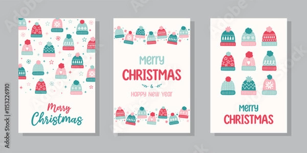 Fototapeta Collection of Christmas posters with decorations in cartoon style. Greeting card with hand drawn winter hats. Vector illustration