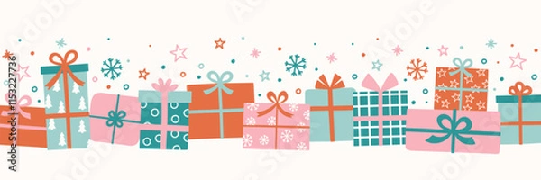 Fototapeta Christmas banner in cartoon style. Colourful gift boxes with bows. Vector illustration