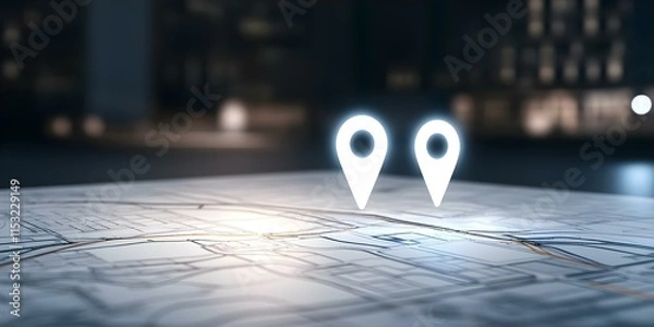 Fototapeta A close-up of a map with illuminated location markers indicating specific points of interest or destinations. Concept Detailed Map Analysis, Illuminated Location Markers, Points of Interest