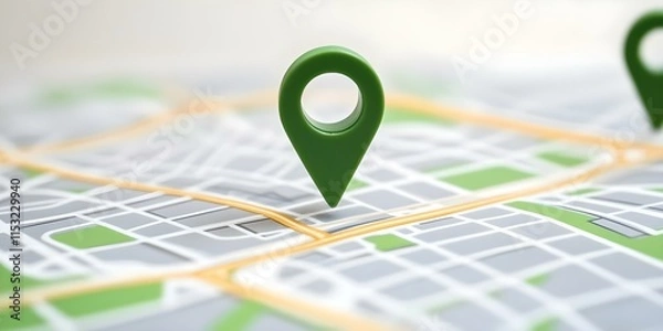 Fototapeta A close-up of a map with a green location marker pin indicating a specific point on the map. Concept Map Details, Green Location Marker, Navigation, Geographic Reference, Close-Up View