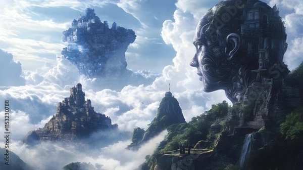 Fototapeta Enormous human-like statue overlooking mystical ancient architecture among clouds and floating islands, evoking concepts of fantasy, exploration, and imagination in surreal landscapes