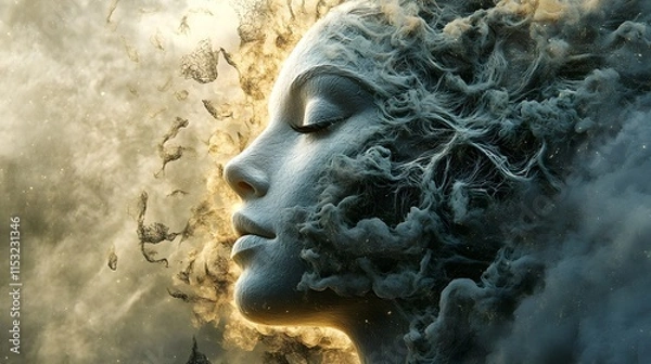 Fototapeta Ethereal Portrait of a Woman Surrounded by Whimsical Clouds and Dreamy Haze, Evoking a Sense of Tranquility and Imagination in a Surreal Environment