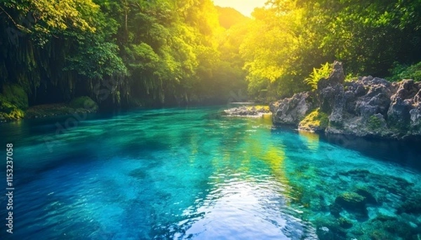 Fototapeta Bird eye view of the serene Hinatuan Enchanted River, with its vibrant blue waters glowing under golden sunlight, in 4K resolution