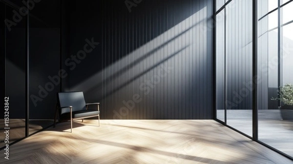 Fototapeta Modern minimalist room with dark walls, wood floor, armchair, and large window.