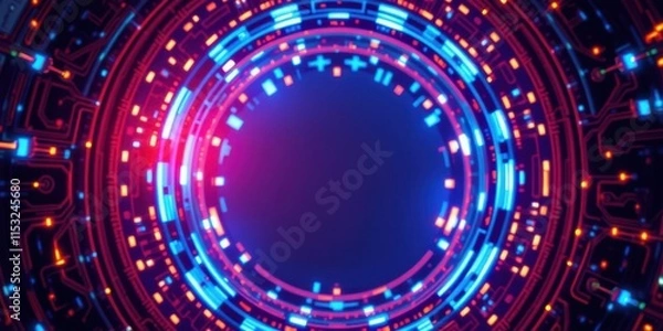Obraz Futuristic Abstract Background with Neon Circuits and Bright Lights in a Circular Frame Ideal for Technology and Science Themes