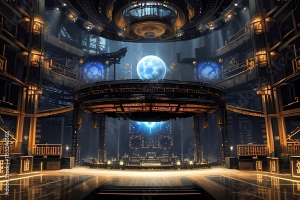 Fototapeta ゲーム背景　未来型デジタルステージオリエンタル遺跡モチーフ演劇舞台風背景	