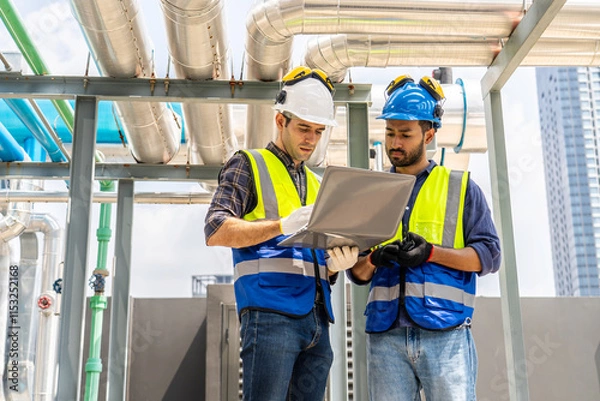 Fototapeta Collaboration, Two young construction workers discuss plans while reviewing blueprints on a rooftop. They wear safety gear and oversee intricate piping systems amidst a bustling urban backdrop,