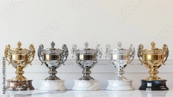 Obraz A lifelike 3D depiction of a podium with ornate gold, silver, and bronze trophy cups, set on a plain white background