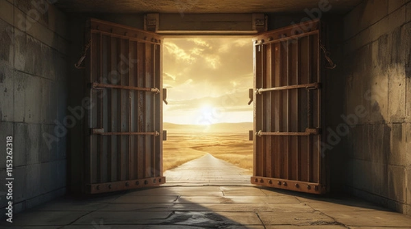 Fototapeta The Moment of Liberation: A Rusted Prison Door Leading to Expansive Freedom