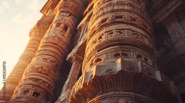 Fototapeta Low-angle shot of Pe Qutub Minar in Delhi, wiP intricate carvings glowing under Pe golden hour light, in 4K resolution