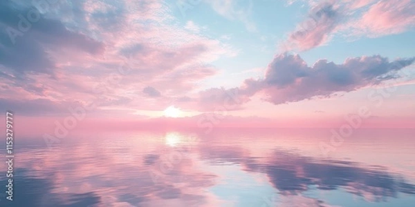 Fototapeta Serene morning sky and water reflection featuring pink mother of pearl hues, complemented by beautiful clouds creating a stunning visual of tranquility over the water.
