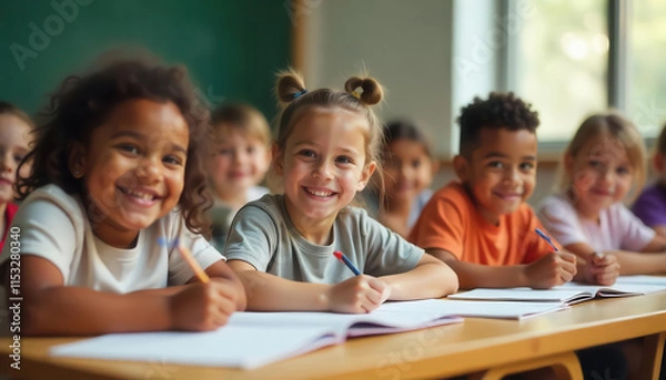 Fototapeta Engaging classroom activity with happy children school photography bright environment joyful perspective